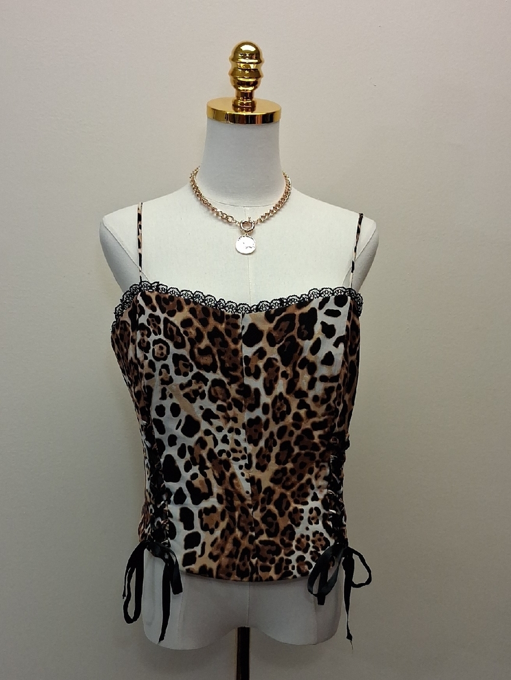Joy Leopard Print Lace Trim Bustier Cami Top Brown Black Medium